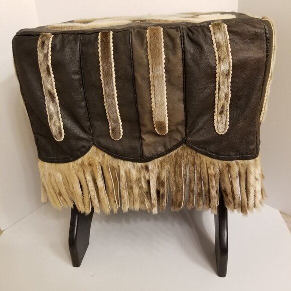 Alaska Native Indigenous Art Fur Leather Wood Footstool Authentic - Picture 6 of 17
